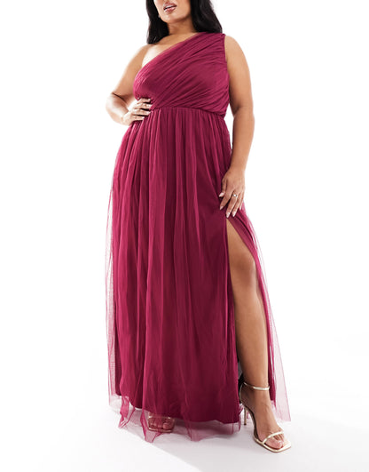 Anaya Plus Bridesmaid tulle one shoulder maxi dress in berry