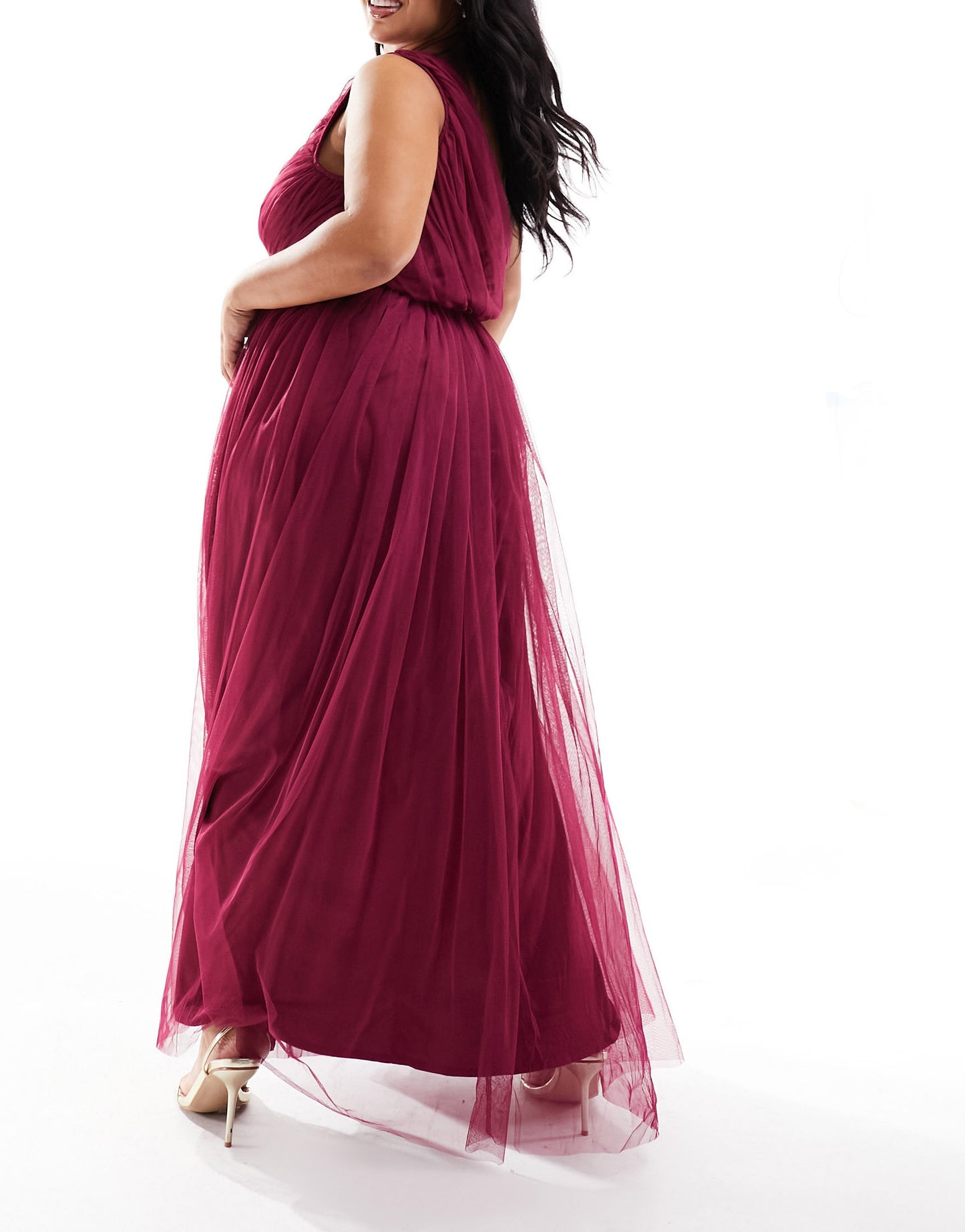 Anaya Plus Bridesmaid tulle one shoulder maxi dress in berry