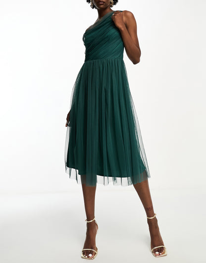 Anaya Tall Bridesmaid tulle one shoulder midi dress in emerald green