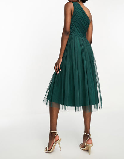 Anaya Tall Bridesmaid tulle one shoulder midi dress in emerald green