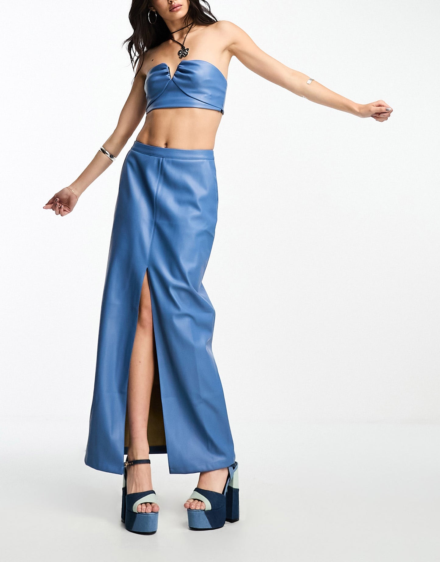 Something New X Emma Fridsell leather look split front maxi skirt co-ord in blue