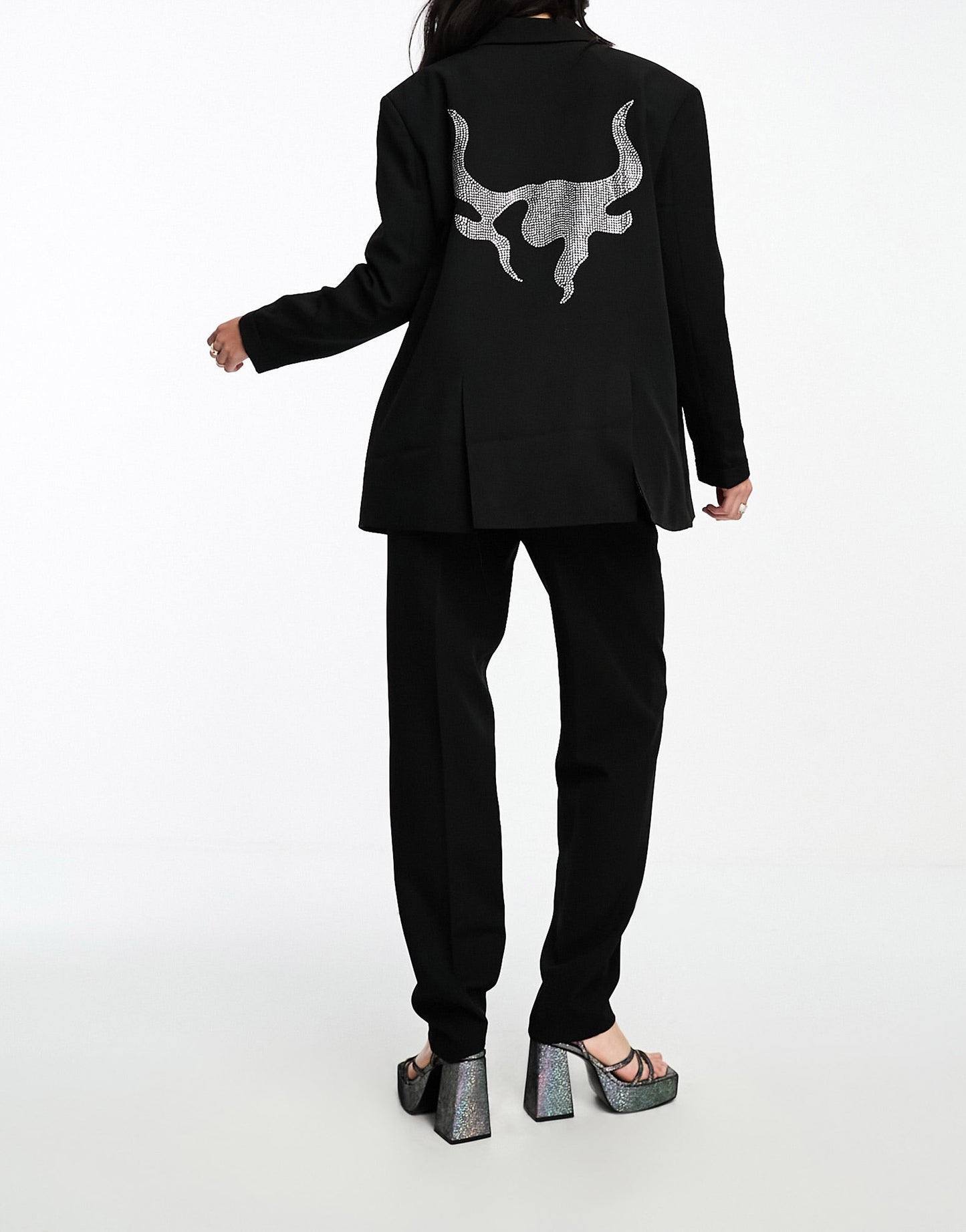 Something New X Emma Fridsell tailored hotfix logo back blazer co-ord in black