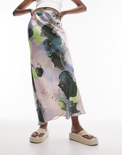 Topshop Tall graffiti print satin bias maxi skirt in multi