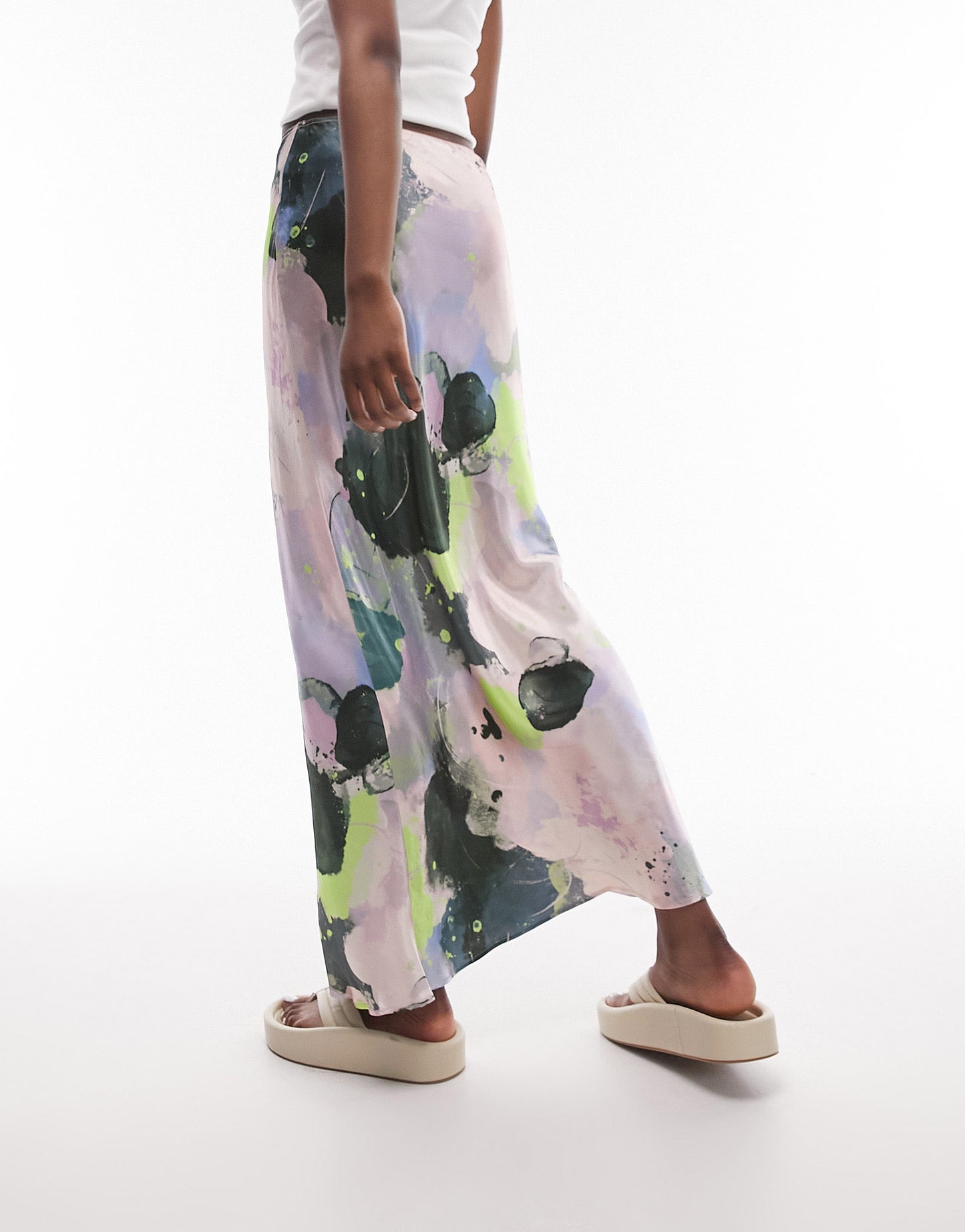 Topshop Tall graffiti print satin bias maxi skirt in multi