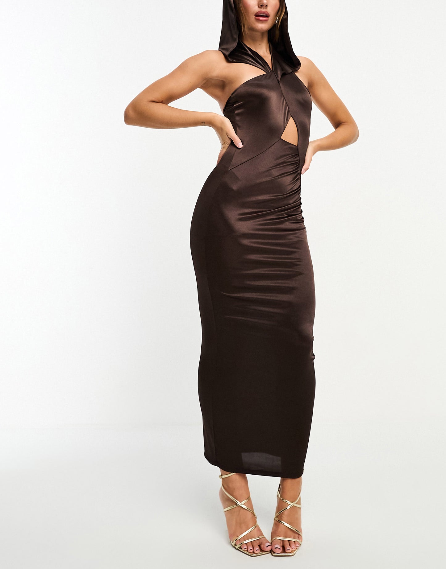 ASOS DESIGN wrap over hood midi dress in chocolate