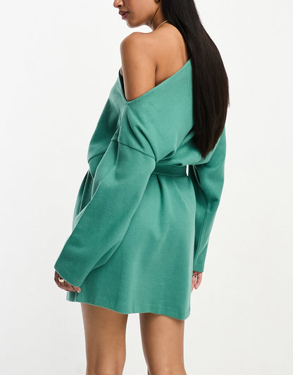 ASOS DESIGN supersoft slouchy off shoulder mini dress with belt in sage