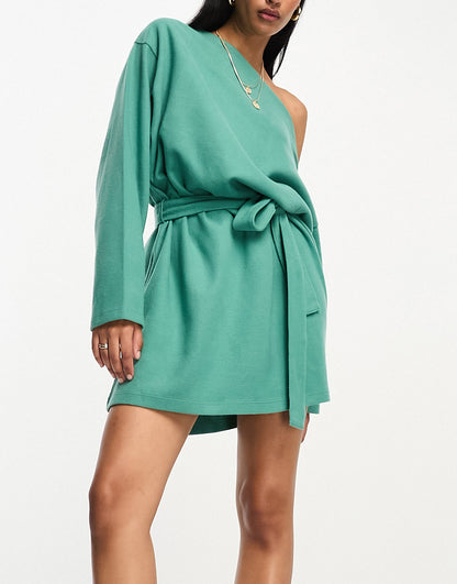 ASOS DESIGN supersoft slouchy off shoulder mini dress with belt in sage