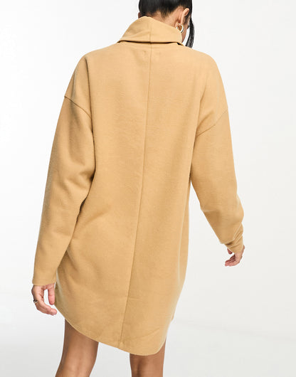 ASOS DESIGN supersoft volume sleeve roll neck mini jumper dress in camel