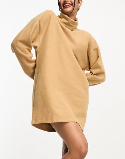 ASOS DESIGN supersoft volume sleeve roll neck mini jumper dress in camel