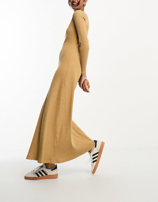 ASOS DESIGN supersoft rib crew neck midi dress with long sleeve in camel