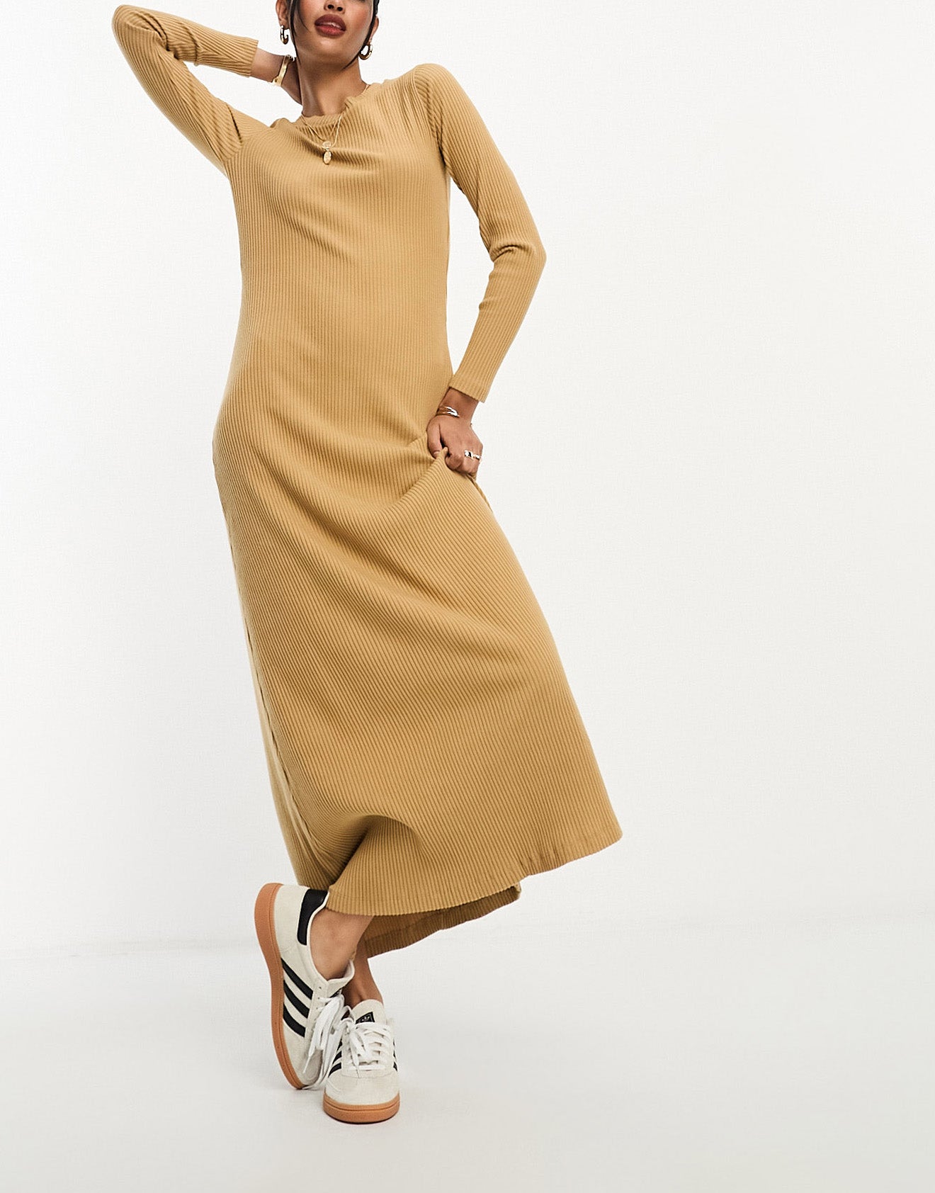 ASOS DESIGN supersoft rib crew neck midi dress with long sleeve in camel