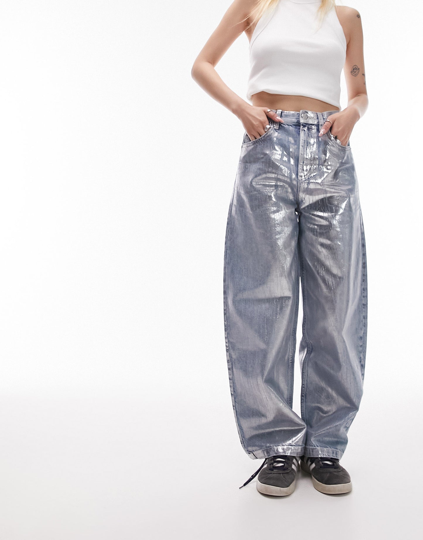 Topshop Petite silver foil high rise baggy jeans in mid blue