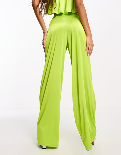 ASOS DESIGN co-ord satin twill floaty wide leg in chartreuse