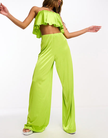 ASOS DESIGN co-ord satin twill floaty wide leg in chartreuse