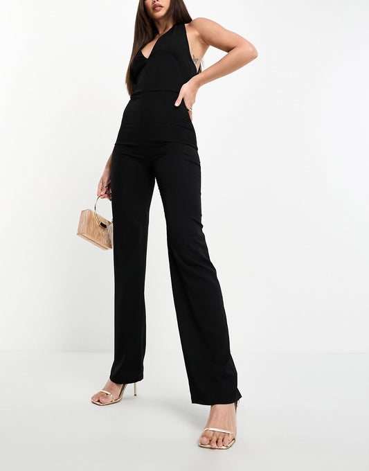 Vesper Tall halterneck wide leg jumpsuit in black