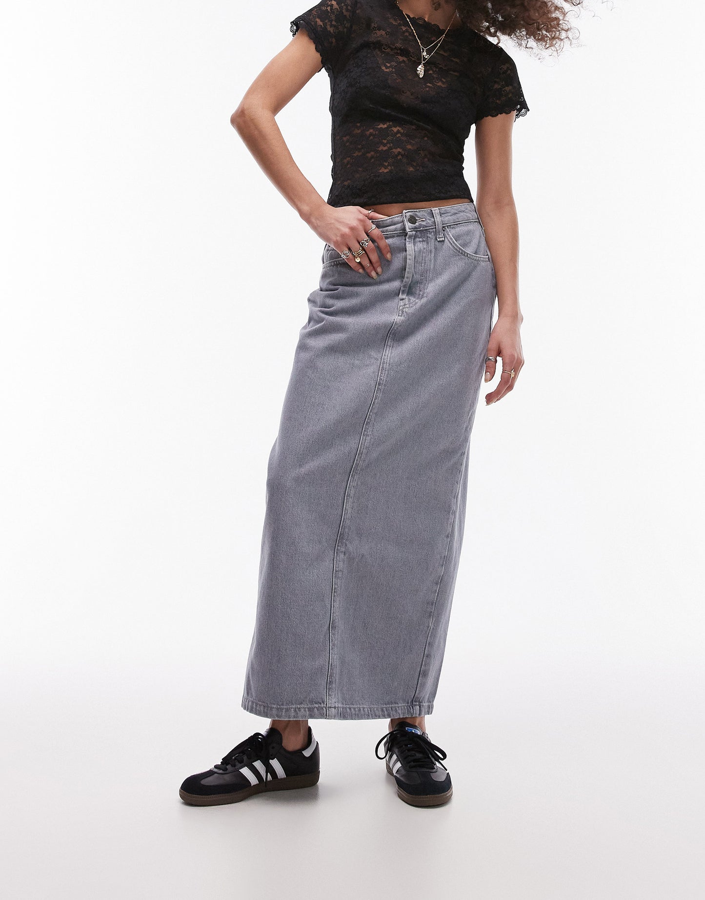 Topshop denim midi skirt in dove grey