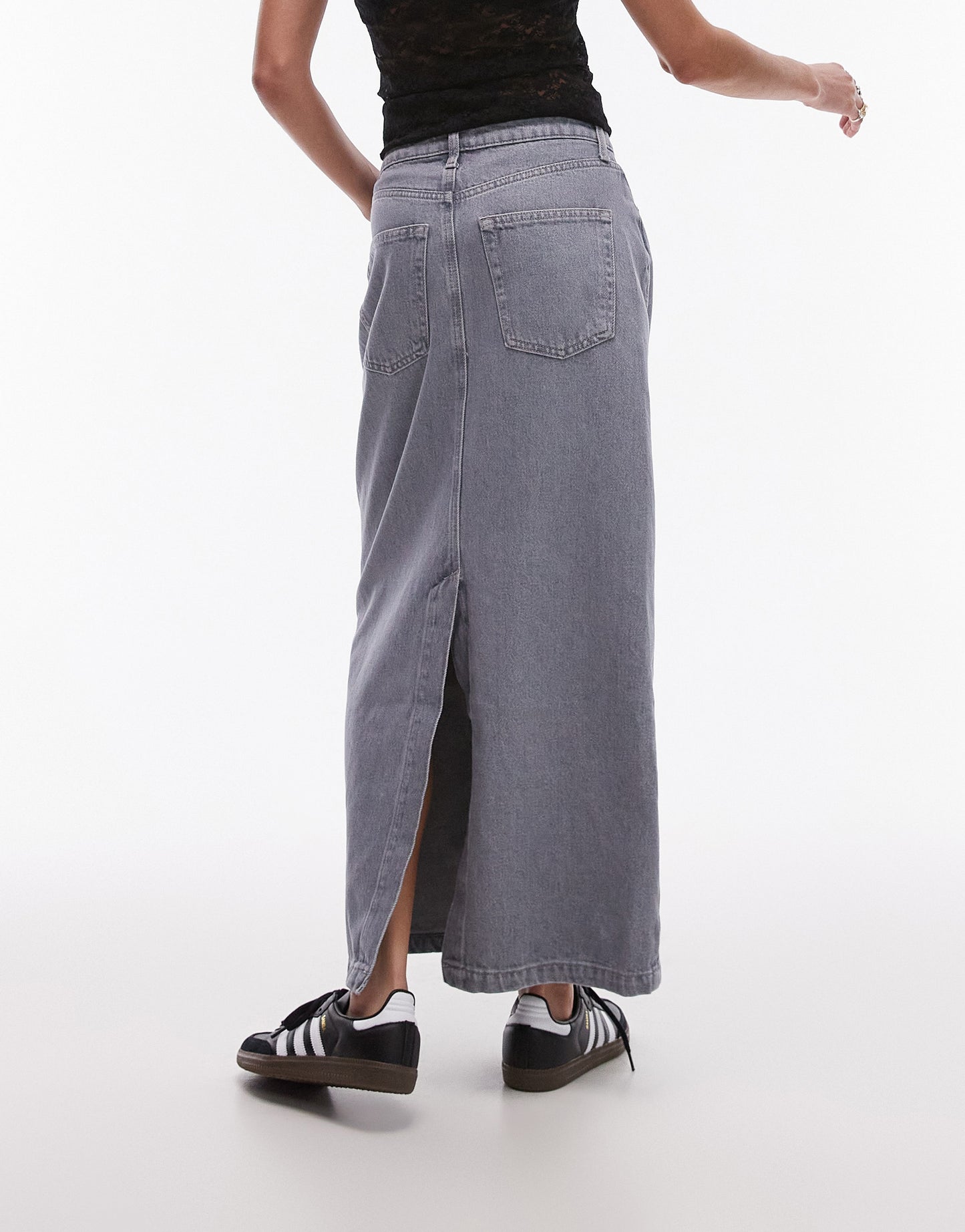 Topshop denim midi skirt in dove grey