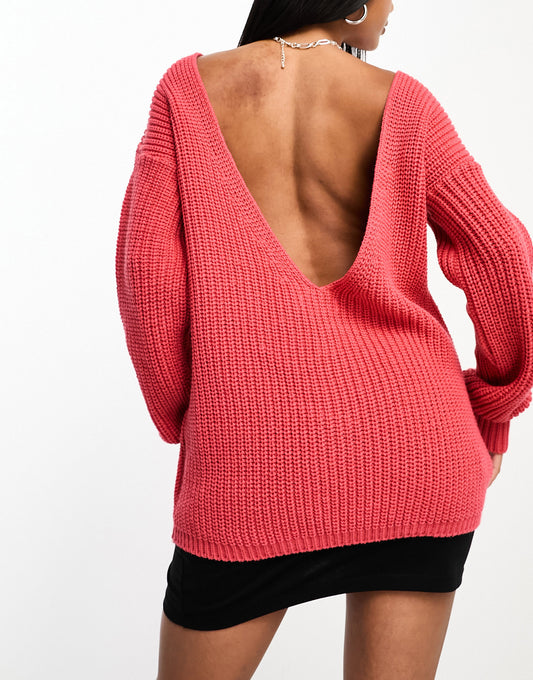 Glamorous scoop back rib knit jumper in coral