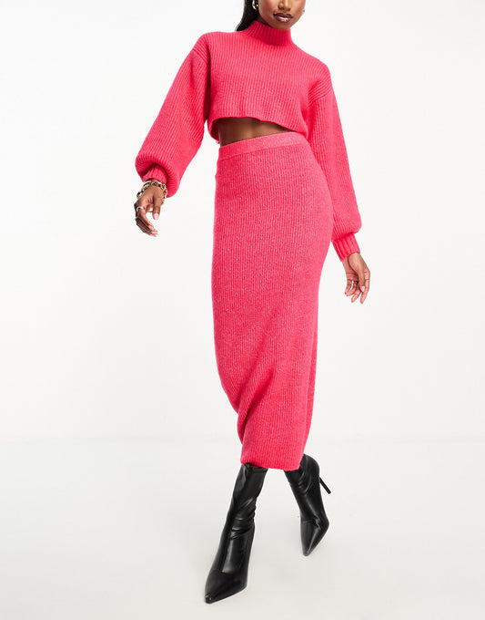 Aria Cove fluffy ribbed maxi skirt co-ord in pink