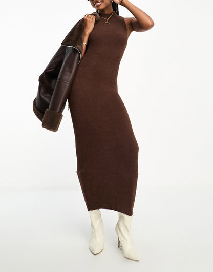 Aria Cove knitted sleeveless boucle maxi jumper dress in brown