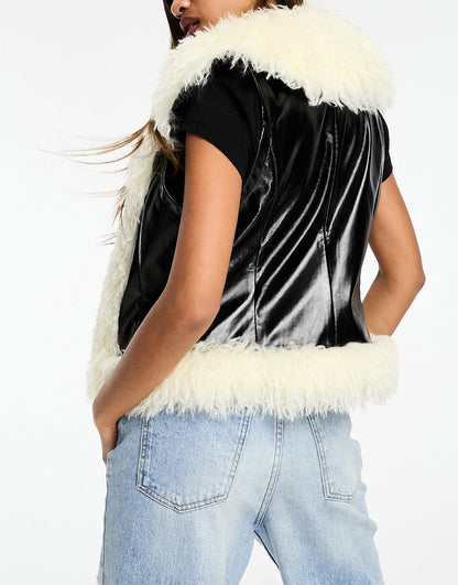 Jayely faux leather shaggy trim gilet in black and cream