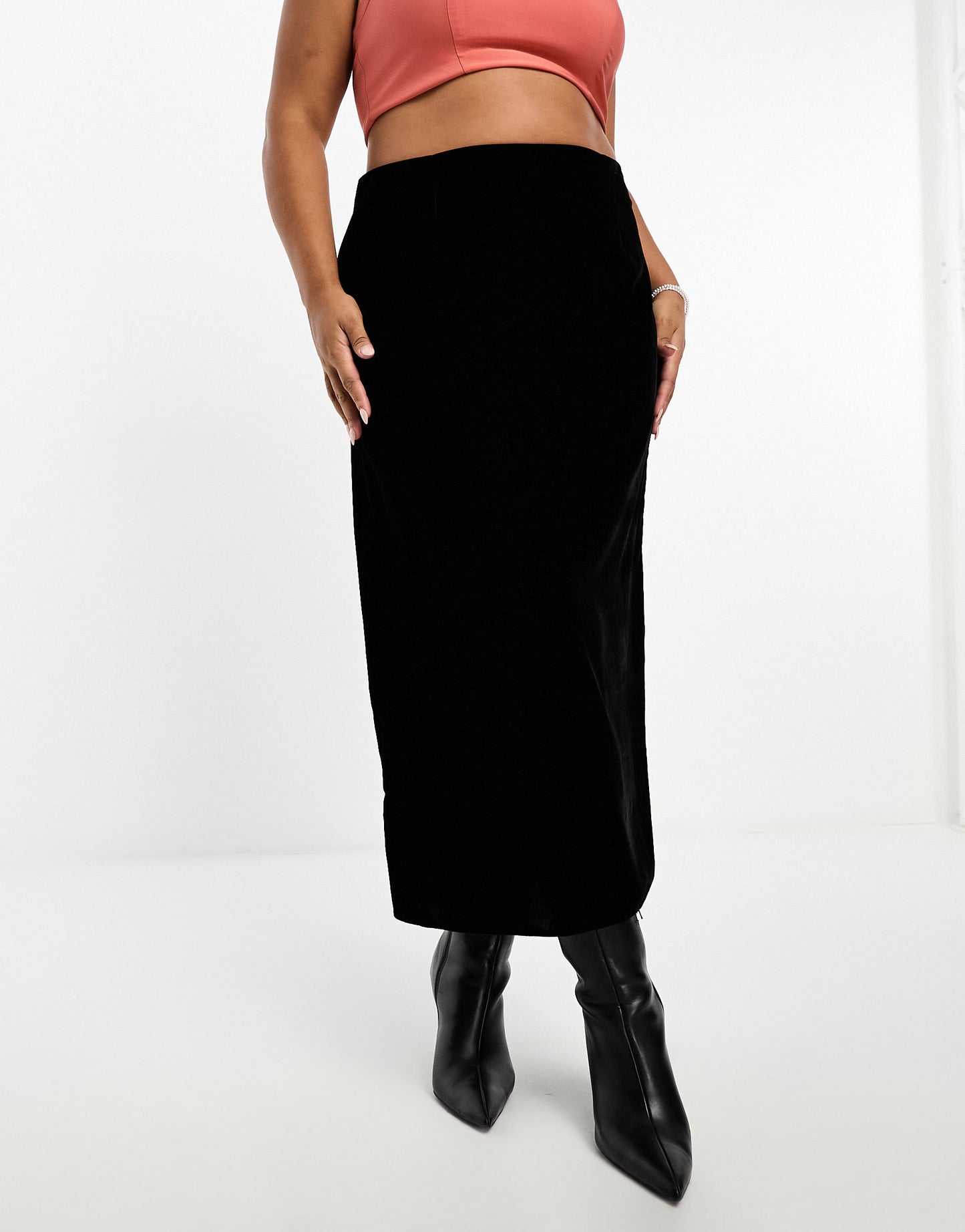 ASOS DESIGN Curve velvet bias midi skirt in black