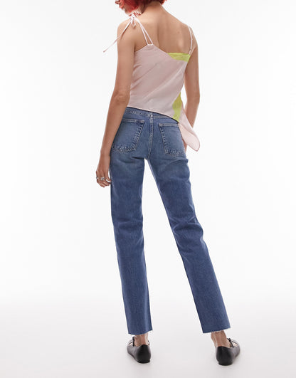 Topshop Tall cropped mid rise straight jeans with raw hems in mid blue