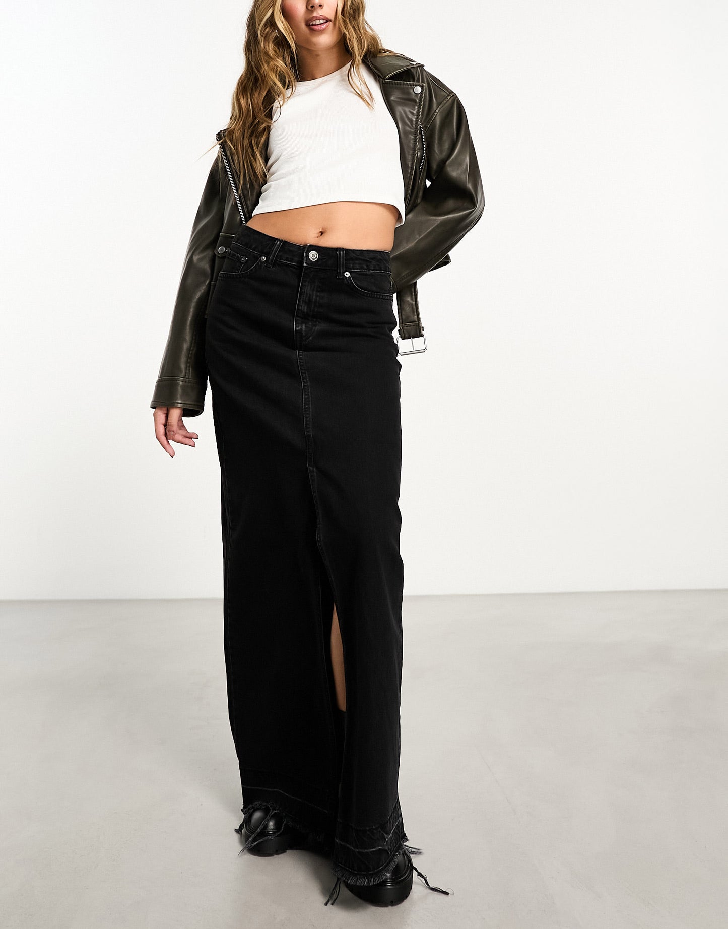 ASOS DESIGN denim maxi skirt with double split in washed black