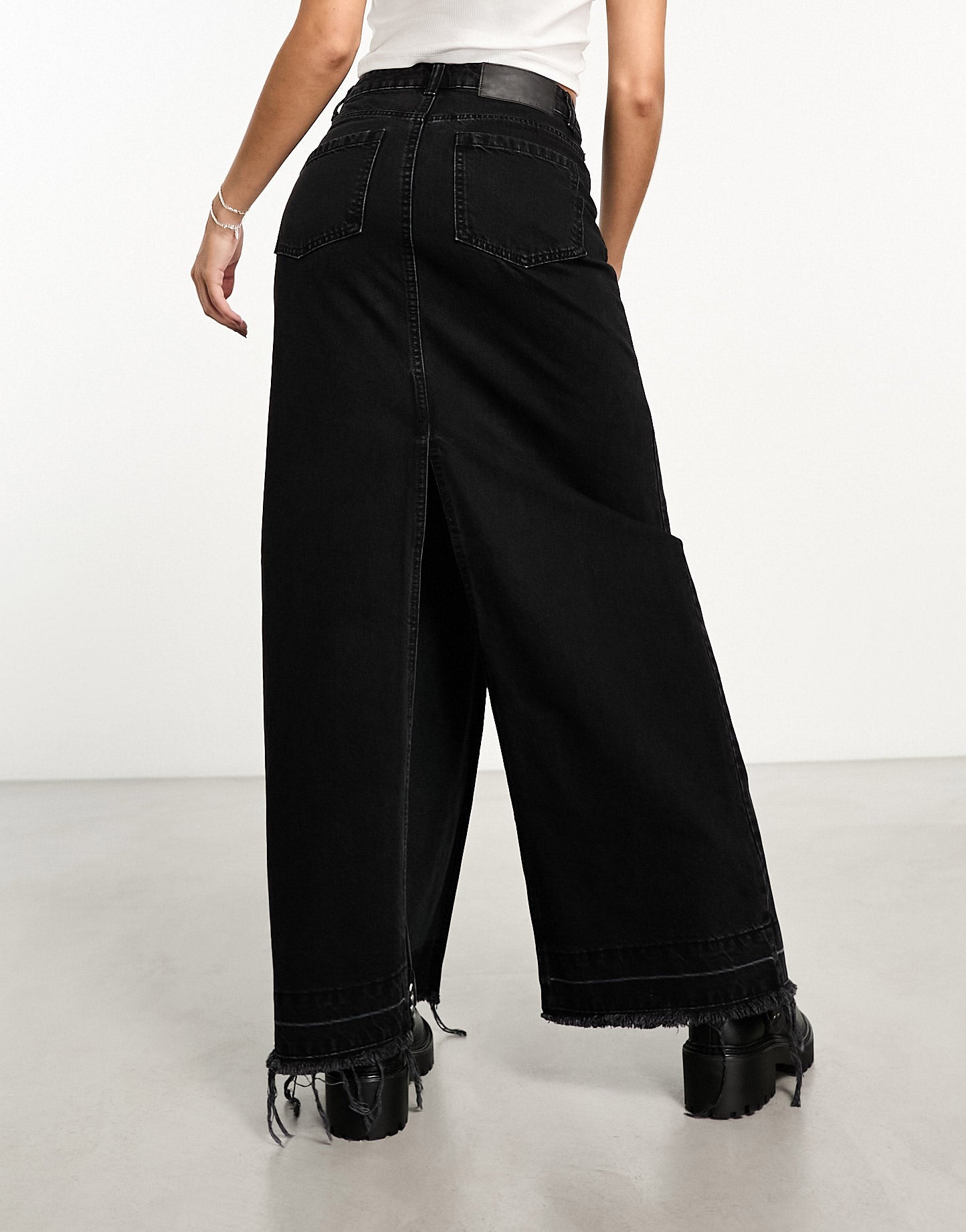 ASOS DESIGN denim maxi skirt with double split in washed black