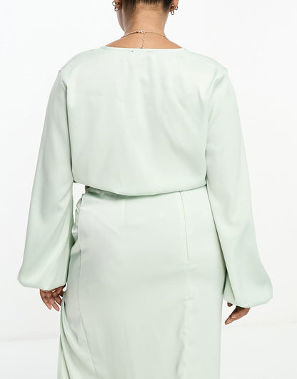 In The Style Plus exclusive satin twist front volume sleeve blouse co-ord in pale green