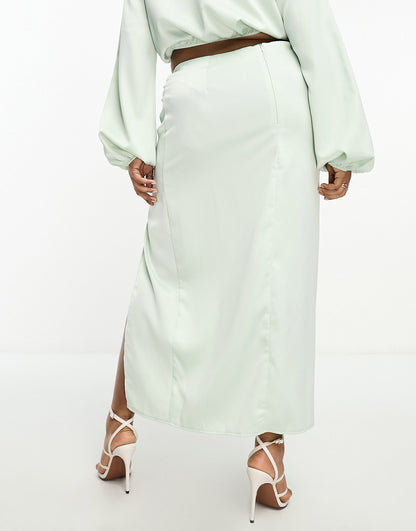 In The Style Plus exclusive satin knot drape detail midi skirt co-ord in pale green