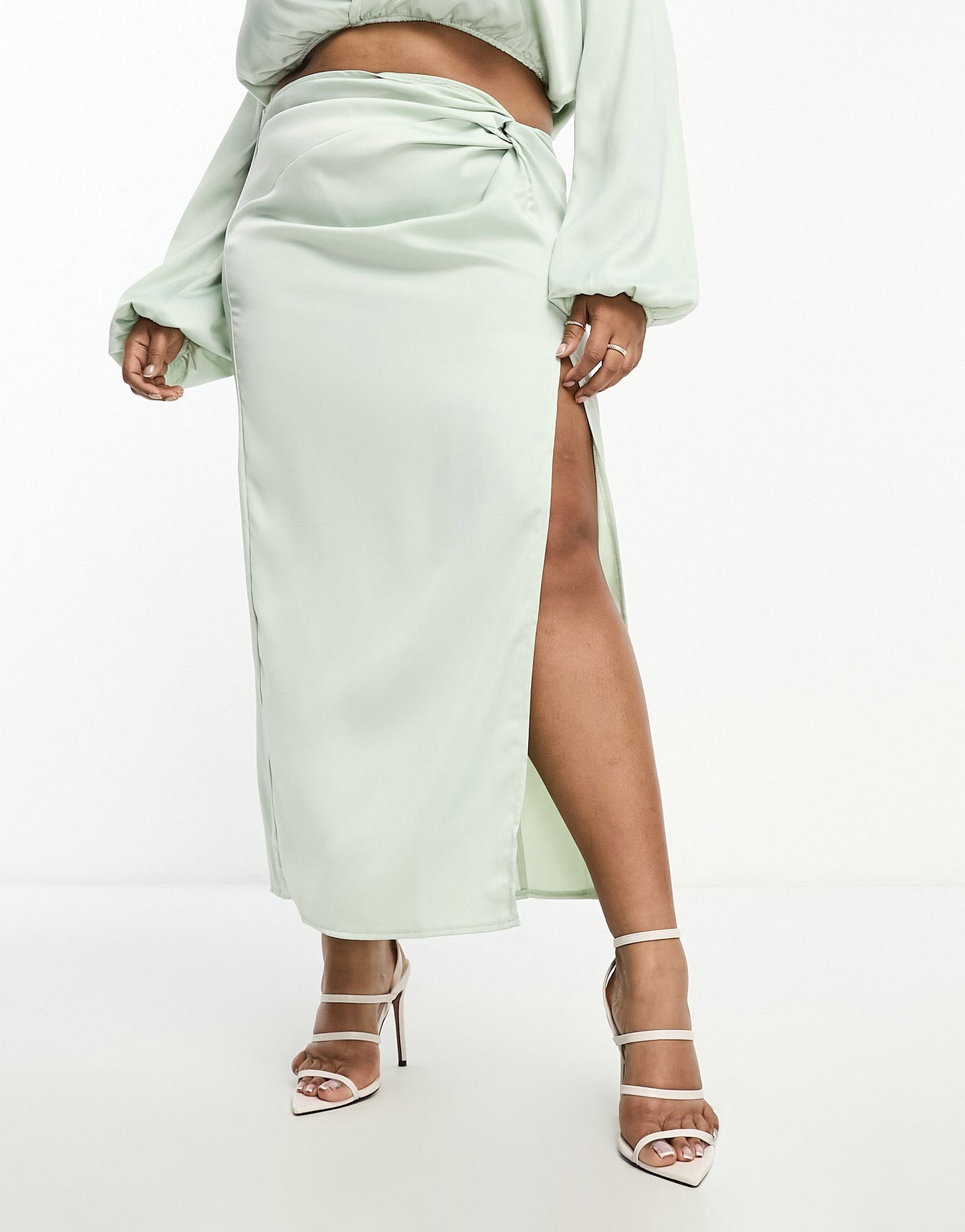 In The Style Plus exclusive satin knot drape detail midi skirt co-ord in pale green