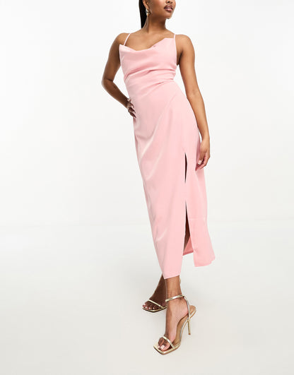 In The Style Petite exclusive satin cowl neck tie back maxi dress in soft pink