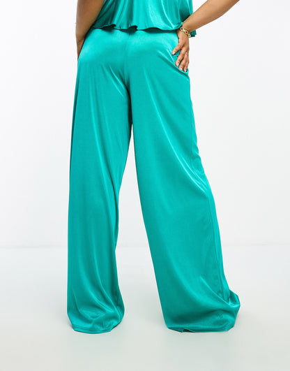 ASOS DESIGN Curve co-ord satin twill floaty wide leg in teal