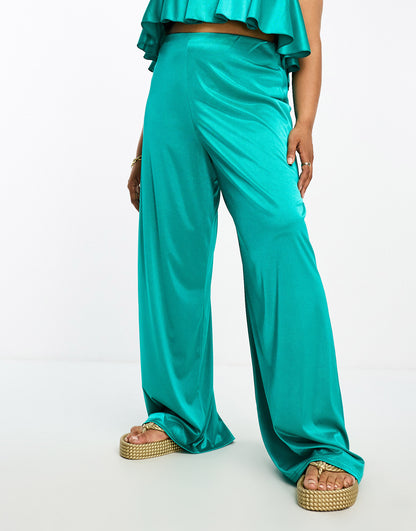 ASOS DESIGN Curve co-ord satin twill floaty wide leg in teal