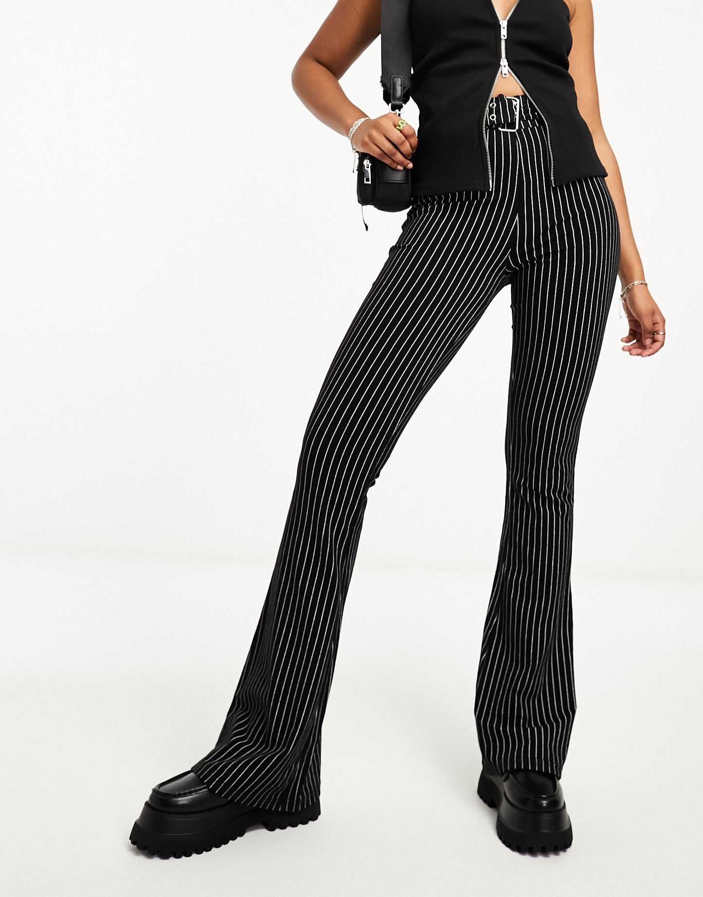 Heartbreak jersey pinstripe belted fit and flare trousers in black