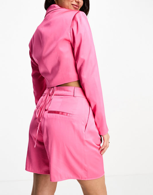 Stradivarius tailored satin co-ord short in pink