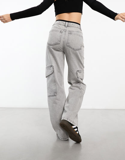 Miss Selfridge baggy cargo jean in light grey wash