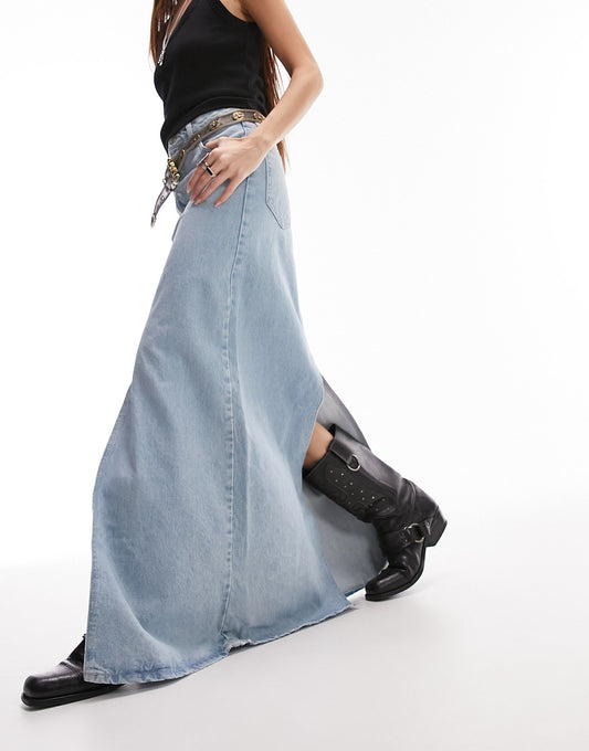 Topshop denim double split maxi skirt in bleach