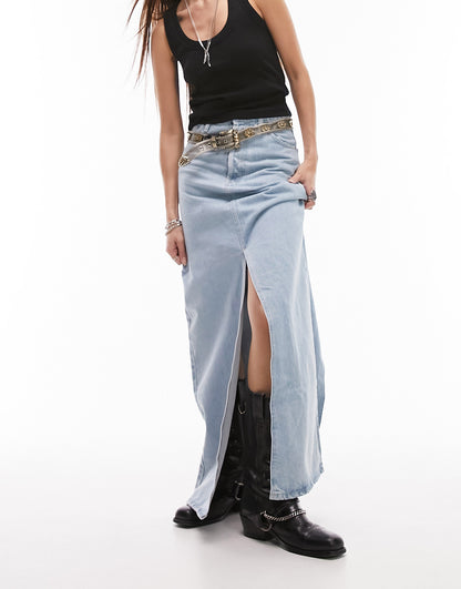 Topshop denim double split maxi skirt in bleach