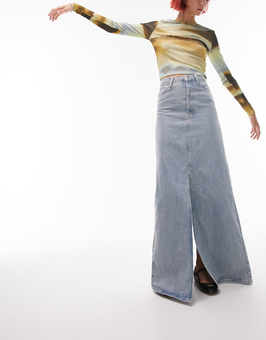 Topshop Tall denim double split maxi skirt in bleach