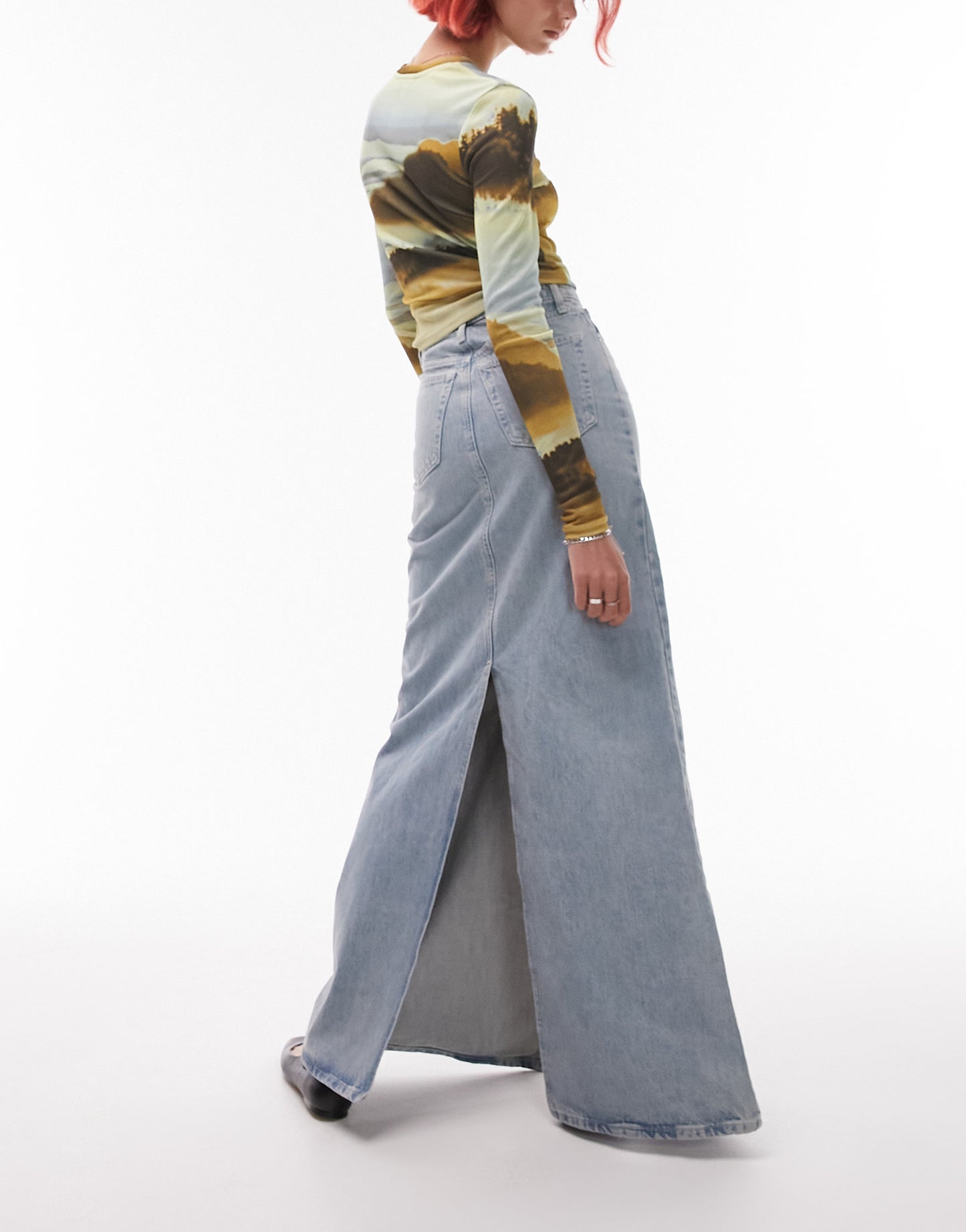 Topshop Tall denim double split maxi skirt in bleach