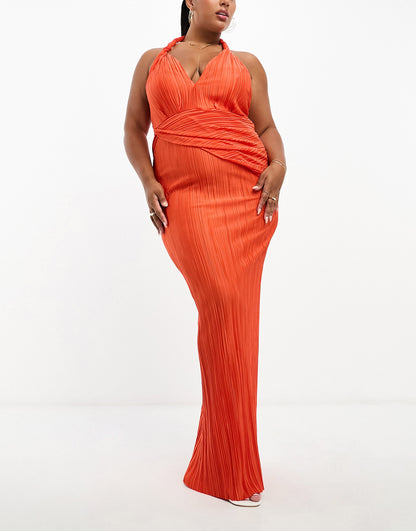 ASOS DESIGN Curve plunge halter cowl back plisse maxi dress in orange