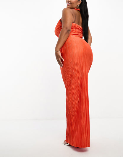 ASOS DESIGN Curve plunge halter cowl back plisse maxi dress in orange