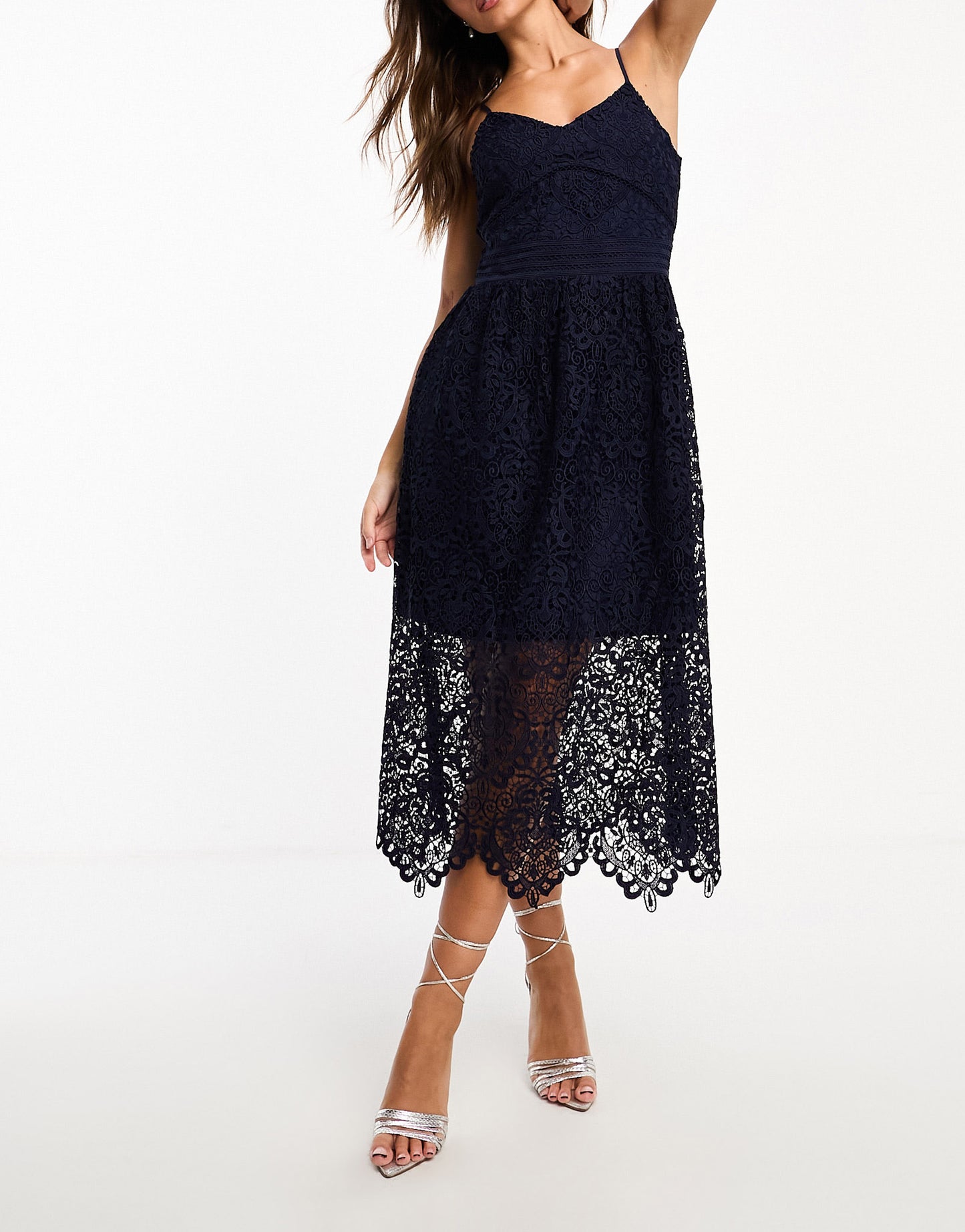 Y.A.S Bridesmaid lace strappy midi dress in navy