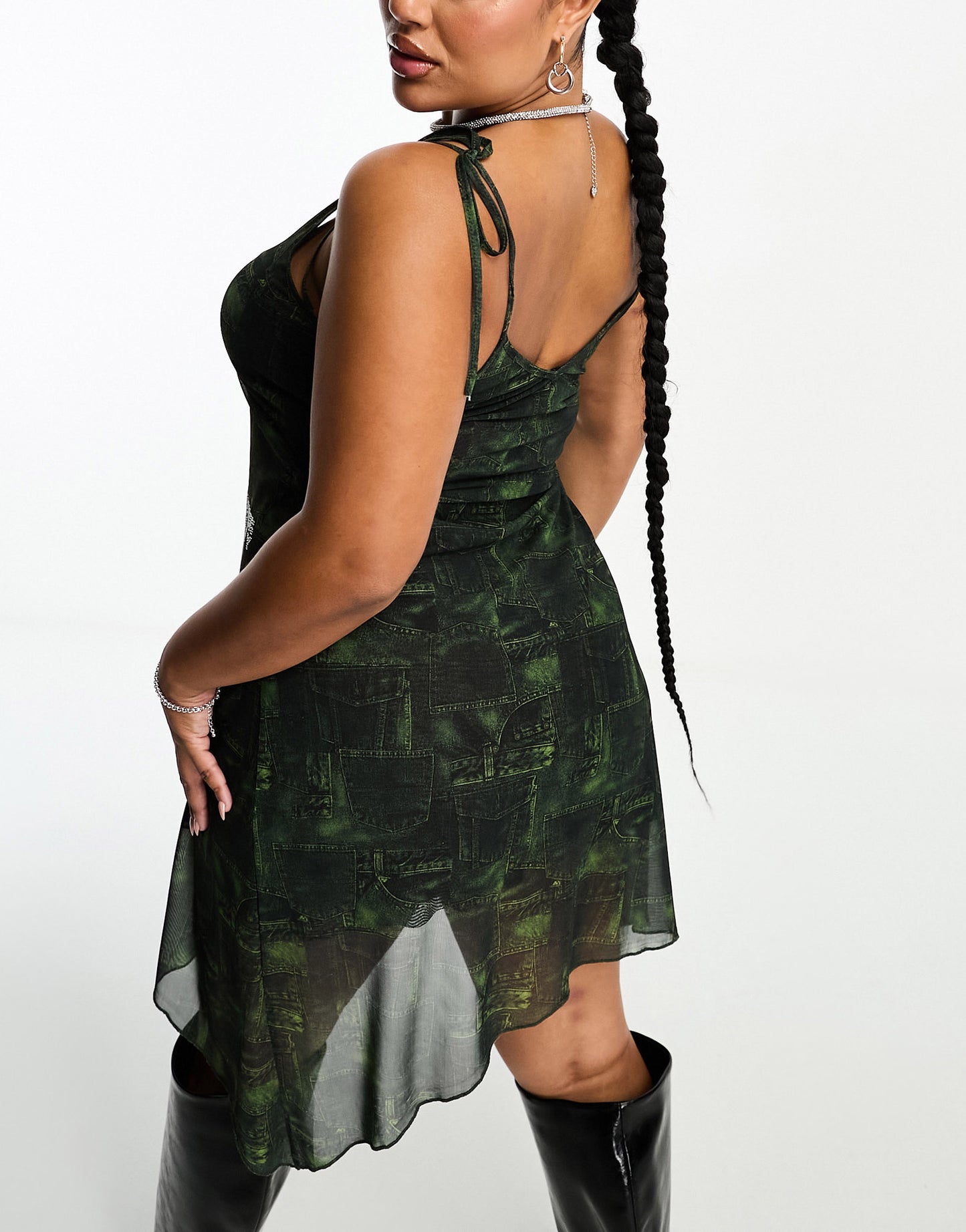 COLLUSION x TAMMY plus mesh denim printed cami dress with hot fix branding in green