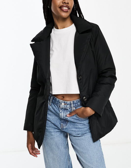 Brave Soul Tall short padded belted jacket in black