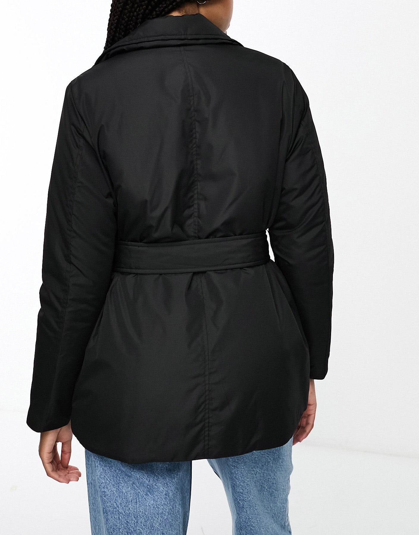 Brave Soul Tall short padded belted jacket in black