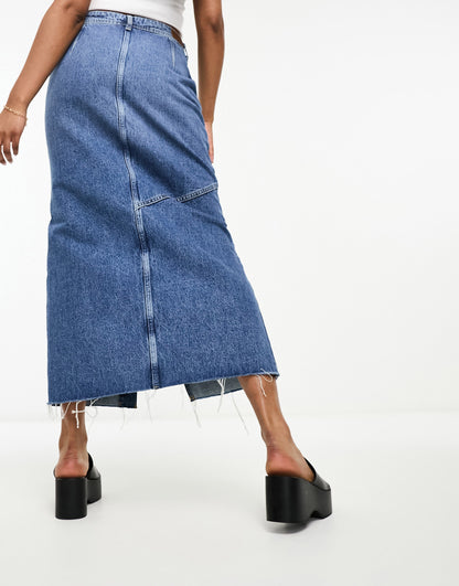 Only button down denim maxi skirt in mid blue