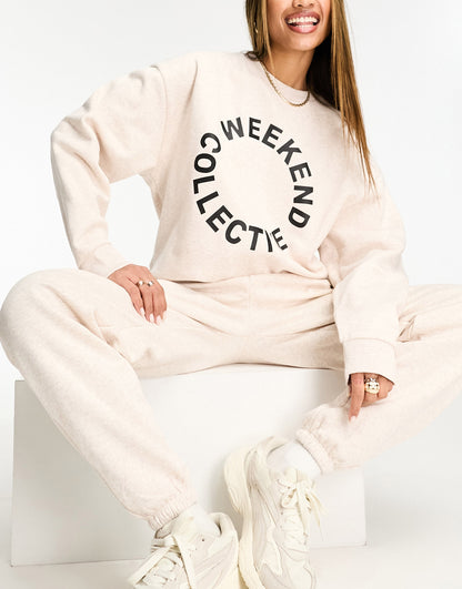 ASOS Weekend Collective co-ord oversized sweatshirt with black logo in oatmeal marl